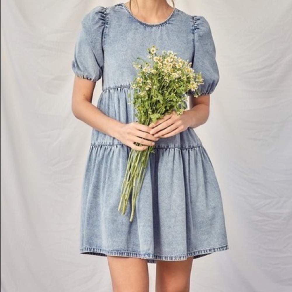 NEW Boutique Crossback Denim Mini Dress Baby Doll Dress Size Small